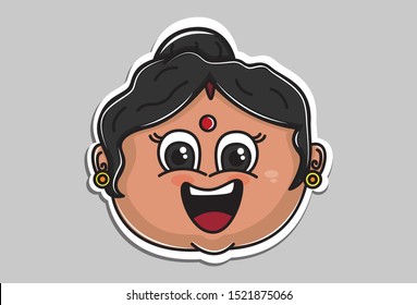 Vector cartoon illustration of Indian aunty happy face. Isolated on grey background. 