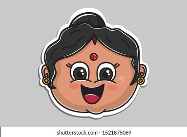 Vector cartoon illustration of Indian aunty face is happy. Isolated on grey background. 