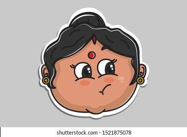 Vector cartoon illustration of Indian aunty naughty face. Isolated on grey background. 