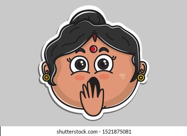 Vector cartoon illustration. Indian aunty shocking expression. Isolated on grey background.