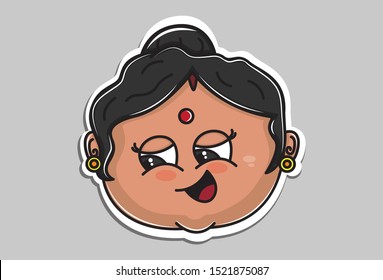 Vector cartoon illustration of Indian aunty face. Isolated on grey background. 