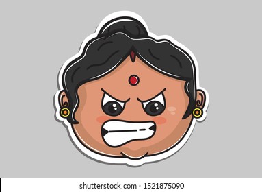 Vector cartoon illustration of Indian aunty angry face. Isolated on grey background. 