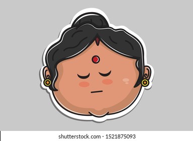 Vector cartoon illustration of Indian aunty face with closed eyes. Isolated on grey background. 