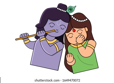 Vector cartoon illustration of Indian God Radha krishna. Isolated on a white background.