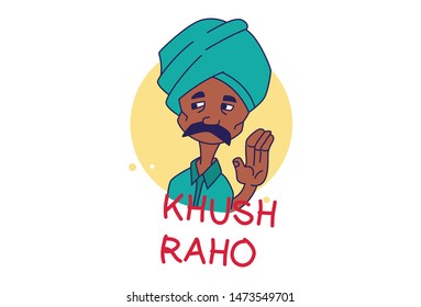 Vector cartoon illustration of Indian man. khush raho Hindi text translation -Be happy. Isolated on white background.  