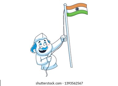 Vector cartoon illustration of Indian politician waving flag. Isolated on white background.