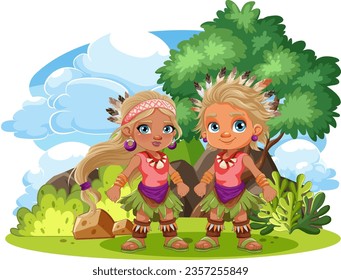 A vector cartoon illustration of an indigenous couple in a tropical nature background