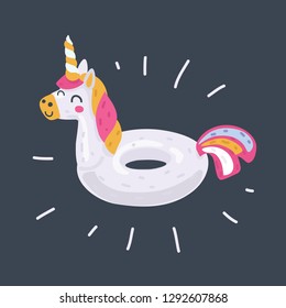 Vector cartoon illustration of Inflatable unicorn isolated on dark background. Rubber ring on dark background.