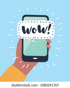 Vector cartoon illustration of info-graphics with a hand holding Smartphone with Wow! message bubble.
