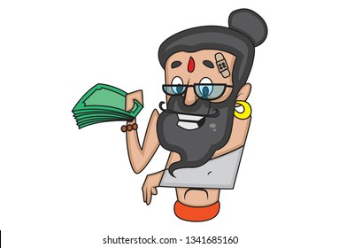 Vector cartoon illustration of injured data baba with money. Isolated on white background.