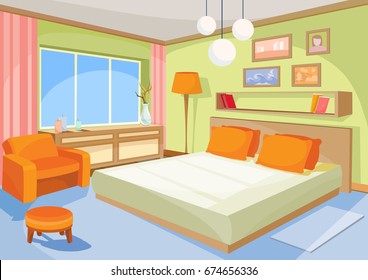 Vector cartoon illustration interior orange-blue bedroom, a living room with a bed, soft chair, stool, chest of drawers, floor lamp.