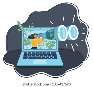 Vector cartoon illustration of internet advertising web development, internet marketing research. Human head profile. Woman with binocular on laptops screen in the night.