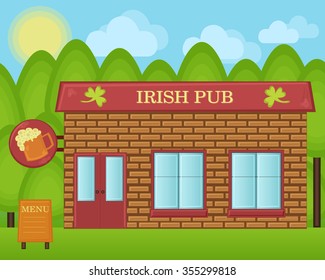 Vector cartoon illustration. Irish beer pub building concept. Irland tavern house landscape.