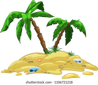  Vector cartoon illustration of island with two palm trees, sand and shells