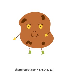 Vector cartoon illustration with isolated chocolate chips cookie character. Pastry or bakery shop icon. Sweet dessert, snack food. Cute, funny cookie