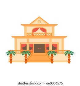 Vector cartoon illustration with isolated country or travel vacation house. Rent, sale building with tree. Front exterior view beach villa house icon. Cute flat vacation home