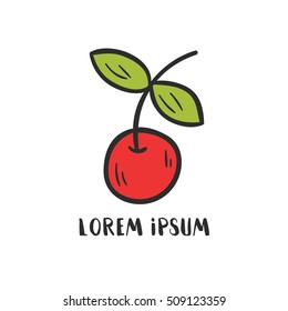 Vector cartoon illustration with isolated cute hand drawn doodle cherry. Red sweet berry for juice, jam, food design. Fresh fruit icon. Vector red hand drawn cherry for healthy vegan design