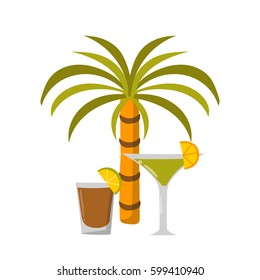 Vector cartoon illustration with isolated flat palm and alcohol cocktails - rum or tequila and margarita. Exotic tropical tree icon. Vacation, travel, beach and ocean object on white background