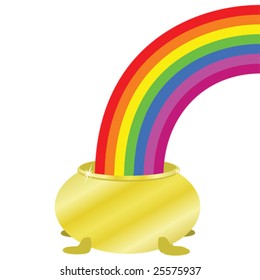 Vector cartoon illustration of an isolated golden pot at the end of a rainbow