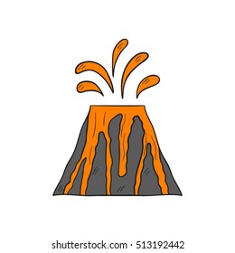 Vector cartoon illustration with isolated grey volcano and orange lava ejection. Hand drawn dangerous nature cataclysm icon. Orange magma from volcano. Vector background