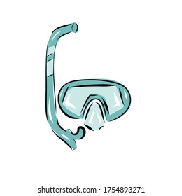 Vector cartoon illustration with isolated hand drawn snorkeling mask. Summer hobby diving equipment. Vacation travel sea icon. Beach design.
