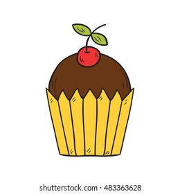 Vector cartoon illustration with isolated hand drawn cherry muffin on white background. 