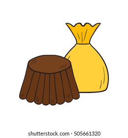 Vector cartoon illustration with isolated hand drawn chocolate candy in yellow package. Sweet candy shop icon design. Vector junk food or snack icon. Cartoon sweet background