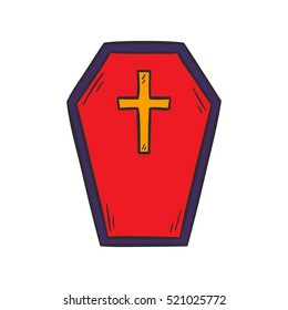 Vector cartoon illustration with isolated hand drawn red coffin with yellows cross. Halloween scary icon design. Vector death grave icon isolated on white background