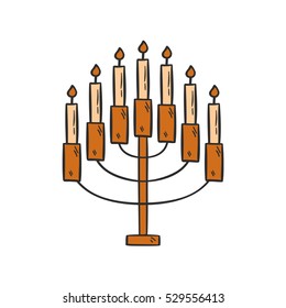 Vector cartoon illustration with isolated hand drawn vintage candlestick and fire candles on white background. Vector hand drawn icon. Night old victorian light decoration
