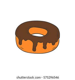 Vector cartoon illustration with isolated hand drawn donut. Pastry shop or sweets food icon. Doughnut with chocolate on white background