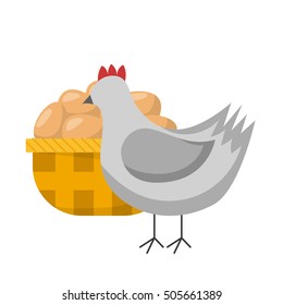 Vector cartoon illustration with isolated hen and eggs basket. Fresh farm production. Vector farm background. Chicken with brown eggs. Organic farm icon