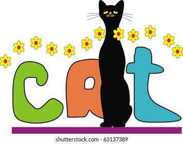 Vector cartoon illustration isolated - inscription "LION" and little black cat with flowers  - soft toy, pet