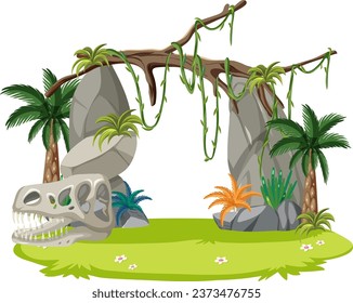 A vector cartoon illustration of an isolated jungle with a prehistoric atmosphere and a Jurassic skull