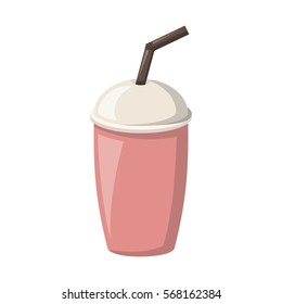 Vector cartoon illustration with isolated milk strawberry cocktail cup with straw and cap. Plastic or paper container for take away drink. Cafe food menu design. Vector beverage icon