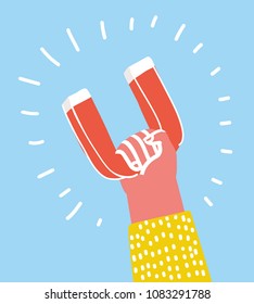 Vector cartoon illustration isolated on blue background. Human hand holding a magnet.