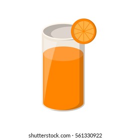 Vector cartoon illustration with isolated orange juice in glass with slice of fruit on white background. Fresh raw summer drink. Healthy, diet, vitamin beverage. Citrus juice or lemonade vector icon