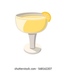 Vector cartoon illustration with isolated orange juice in glass with slice of fruit on white background. Fresh raw summer drink. Healthy, diet, vitamin beverage. Citrus juice or lemonade vector icon