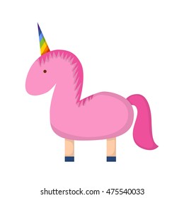 Vector cartoon illustration with isolated pink unicorn. Magic fairytale icon. Children book cover illustration. Vector isolated unicorn on white background. Pink horse, pony with rainbow horn