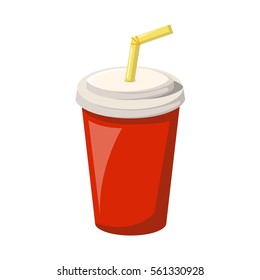 Vector cartoon illustration with isolated red soda cup with straw and cap. Plastic or paper container for take away drink - coffee, soda, tea. Cafe food menu design. Vector beverage icon