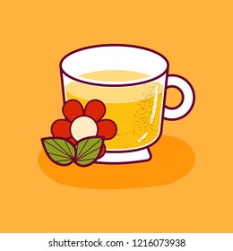 Vector cartoon illustration with isolated teacup and herbal tea. Vector tea time or ceremony icon. Isolated ceramic cup on white background. Hot warm beverage. Traditional english drink