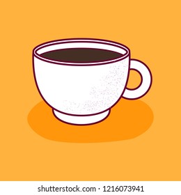 Vector cartoon illustration with isolated teacup and brown tea or coffee. Vector tea time or ceremony icon. Isolated ceramic cup on white background. Hot warm beverage. Traditional english drink