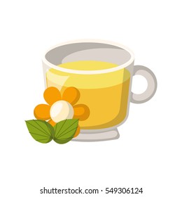 Vector cartoon illustration with isolated teacup and herbal tea. Vector tea time or ceremony icon. Isolated ceramic cup on white background. Hot warm beverage. Traditional english drink