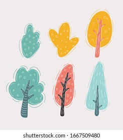 Vector cartoon illustration of Isolated trees and bushes pack. Hand drawn icons on white.