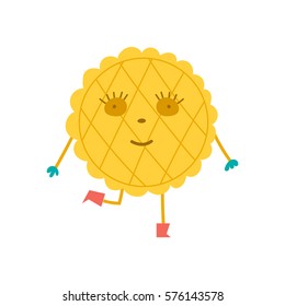 Vector cartoon illustration with isolated waffle character. Pastry or bakery shop icon. Sweet dessert, snack food. Cute, funny waffle
