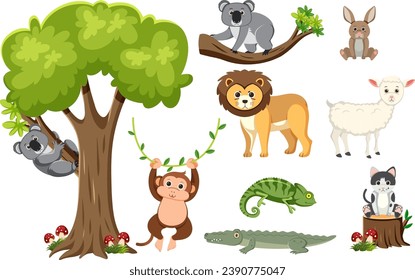 Vector cartoon illustration of isolated wild animals with a tree