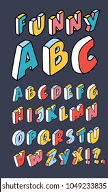 Vector cartoon illustration of isometric 3d font in different color, Outline three-dimensional alphabet hand drawn latin alphabet on dark background. Isometric outline letters