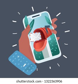 Vector cartoon illustration of Isometric email or sms app on a smartphone screen. New message is received. Human hand hold smartphone with mail icon on it.