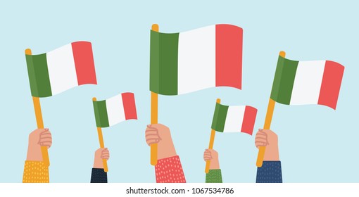 Vector cartoon illustration of Italy fans. Crowd with flags in hands. Isolated background.