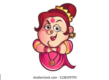 Vector cartoon illustration of iyer aunty ji funny face expression and his both hand on neck. Isolated on white background.