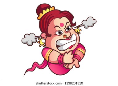 Vector cartoon illustration of iyer aunty ji angry face expression with angry hand expression. Isolated on white background.